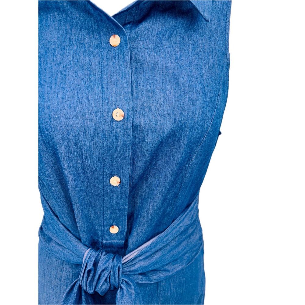 R & K Denim Look Sleeveless Dress Womens 14 Blue Self Tie Button Down Collared - Picture 2 of 9